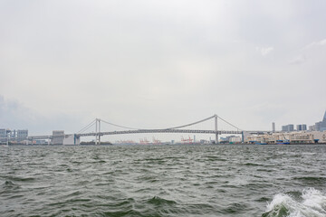 Fototapeta premium Overcast view of the cityscape from a ship