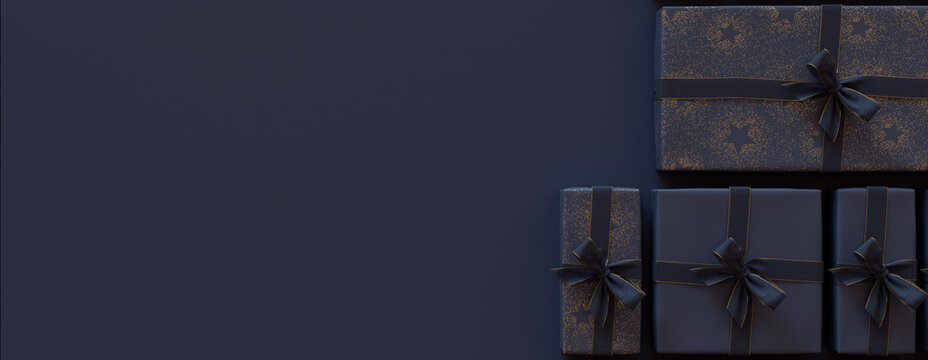 Neatly arranged Gifts form a Grid pattern. Trendy Navy Blue and Gold Christmas Festive Background with copy-space.