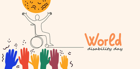 Person in wheelchair. World Disability day vector doodle banner. Continuous line drawing illustration for social media