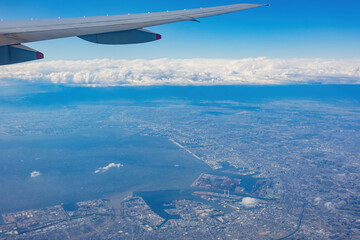 Fototapeta na wymiar Aerial view of the cityscape of Tokyo, Kawasaki, Yokohama, Chiba area
