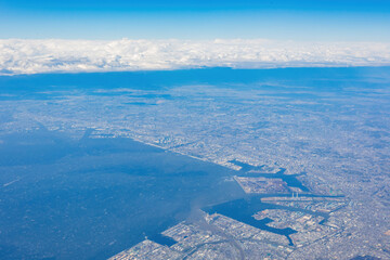 Aerial view of the cityscape of Tokyo, Kawasaki, Yokohama, Chiba area