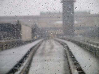 Rainy view of the tram rainway in Narita Airport