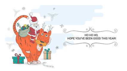 banner for the design of Christmas and New Years design in the style of childrens doodle Santa Claus with a bag of gifts sitting on a tiger