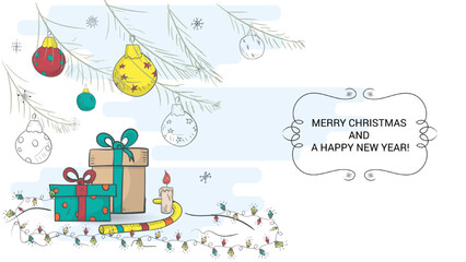 Banner for decoration of Christmas and New Years design in the style of childrens doodles Christmas toys hanging on the branches of a fir tree at the bottom of a gift box