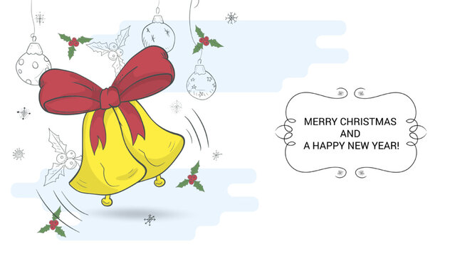 banner for the design of Christmas and New Years design in the style of childrens doodles Christmas bells with a red bow © svarog19801