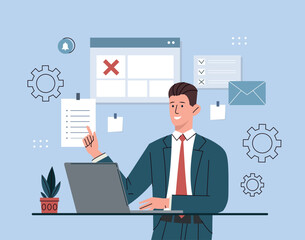 Multitasking man concept. Man with laptop evaluates tasks, goals. Motivation, time management and organization of effective workflow. Hardworking employee or boss. Cartoon flat vector illustration