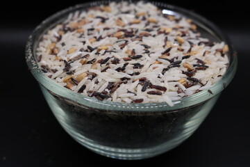 uncocked rice in a glass bowl