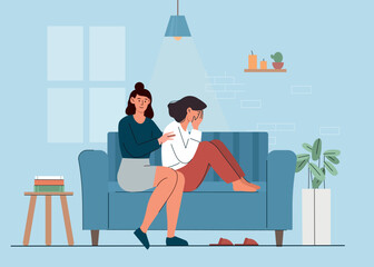 Sad girl concept. Woman hugs child sitting on sofa and covering her face with her hands. Depression and frustration. Psychological problems and mental health. Cartoon flat vector illustration