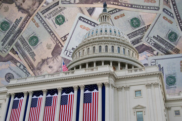 The United States of America USA Capitol building in Washington D.C., decorated with American flags, is shown superimposed over a collection of dollar bills.