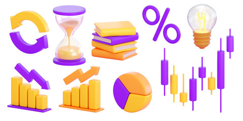 3d finance and business icons set.  Money, stock exchange, business investment, trading and finance concept. Realistic 3d high quality render