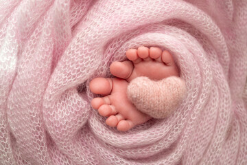 Knitted pink heart in the legs of a baby. Soft feet of a new born in a pink wool blanket. Close-up of toes, heels and feet of a newborn. Macro photography the tiny foot of a newborn baby. 