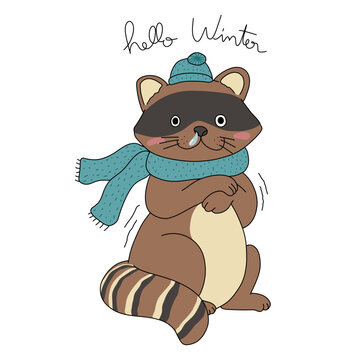 Racoon cold in winter cartoon vector illustration