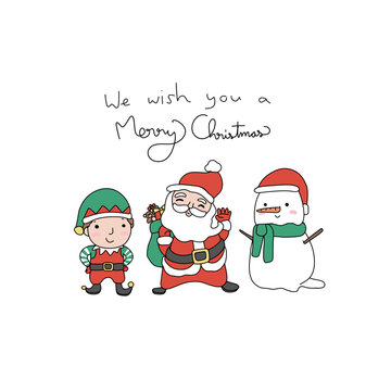 Santa Claus, snowman and elf, Merry Christmas cartoon vector illustration