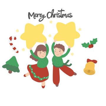 Cute couple with big star, Merry Christmas cartoon vector illustration