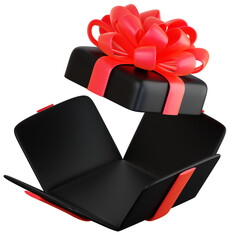 Realistic black gift box with red ribbon bow. Concept of abstract holiday, birthday, Christmas or Black Friday present or surprise. 3d high quality isolated render