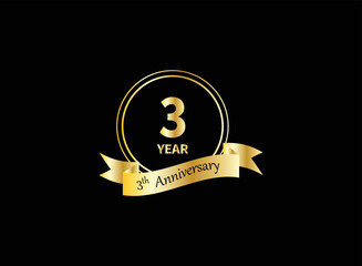 3 years anniversary logo template isolated on gold, gold stamp 3th anniversary icon label with ribbon, twenty year birthday seal symbol.