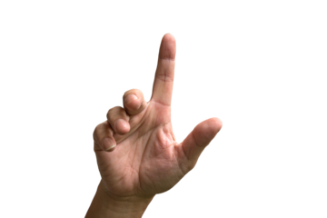 Index finger pointing to something. Palm of hand facing front.