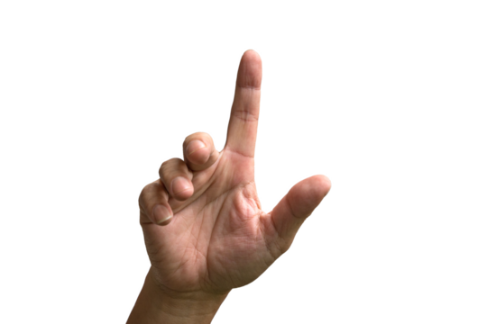 Index finger pointing to something. Palm of hand facing front.