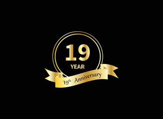 19 years anniversary logo template isolated on gold, gold stamp 19th anniversary icon label with ribbon, twenty year birthday seal symbol.