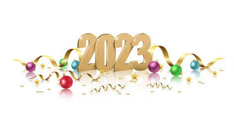 Happy New Year 2023. Merry Christmas. Template for greeting card, banner, flyer. Gold 2023 with ribbons and decorative balls. Isolated. 