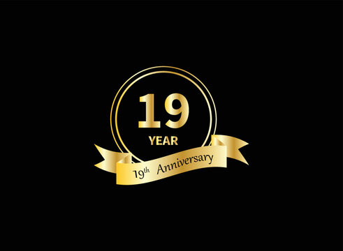 19 years anniversary logo template isolated on gold, gold stamp 19th anniversary icon label with ribbon, twenty year birthday seal symbol.