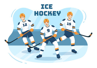 Ice Hockey Player Sport with Helmet, Stick, Puck and Skates in Ice Surface for Game or Championship in Flat Cartoon Hand Drawn Templates Illustration