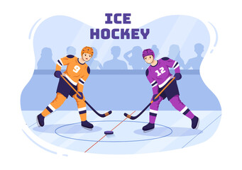 Ice Hockey Player Sport with Helmet, Stick, Puck and Skates in Ice Surface for Game or Championship in Flat Cartoon Hand Drawn Templates Illustration