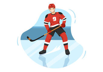 Fototapeta na wymiar Ice Hockey Player Sport with Helmet, Stick, Puck and Skates in Ice Surface for Game or Championship in Flat Cartoon Hand Drawn Templates Illustration