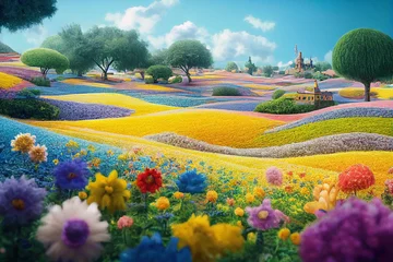 Fotobehang 背景素材:カラフルでファンタジーな花畑の風景イメージ背景Generative AI © おでんじん