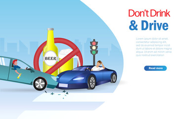 Naklejka premium Don't drink and drive, careless driving concept. Car accident crashing on street caused by drunk man. 