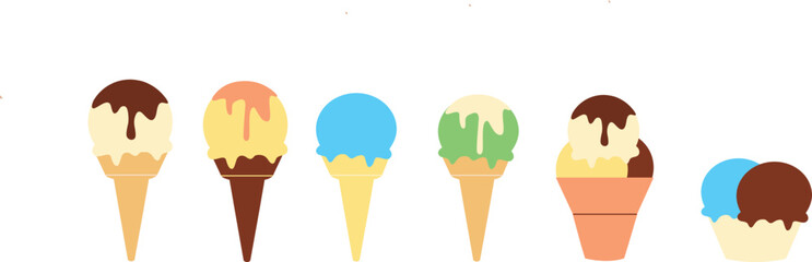 Vector illustration set of ice cream waffle cone, different tastes.
