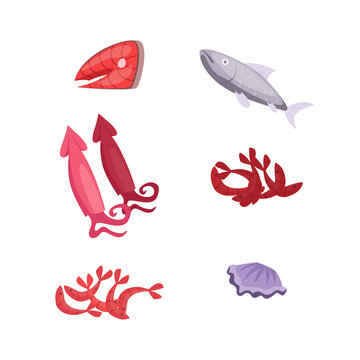 Seafood in cartoon style vector illustration