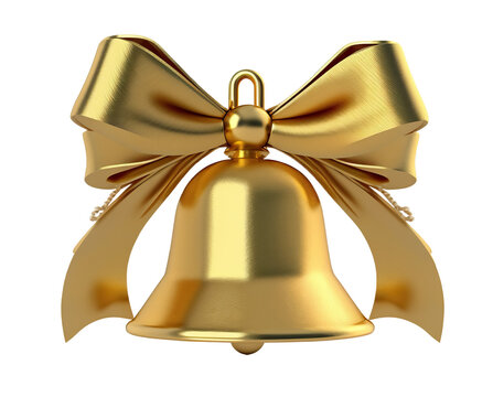 Golden metal bell isolated on a transparent background, Christmas symbol, school bell, vintage bell. Png, 3d illustration