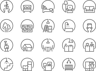Room icon set. The icons included a bedroom, bathroom, living room, toilet, kitchen, and more.