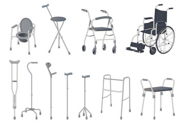 Wheelchair, walker and walking sticks.Crutches, strollers, walkers, portable toilet and walking sticks.Vector illustration.
