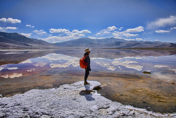 Trekker enjoying the view of Tso Kar Lake, Ladakh, India - obrazy, fototapety, plakaty