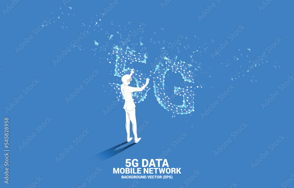 Poster silhouette man wear vr glasses polygon dot connect line shaped 5g mobile networking. concept of digi