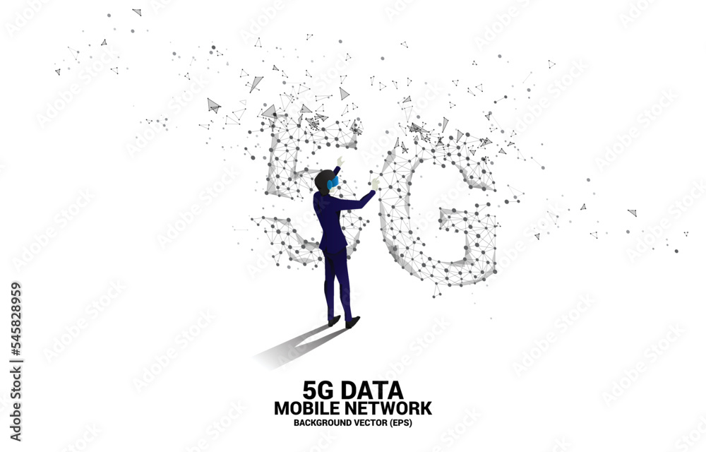 Poster silhouette man wear vr glasses polygon dot connect line shaped 5g mobile networking. concept of digi