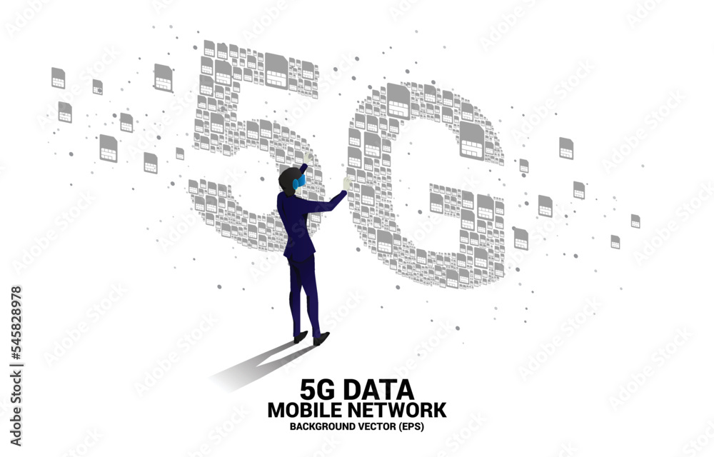 Poster silhouette man wear vr glasses and 5g from mobile sim card networking. concept for mobile telecommun