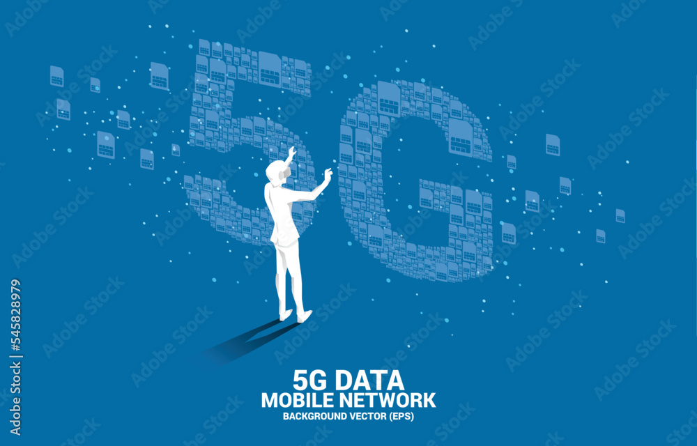 Poster silhouette man wear vr glasses and 5g from mobile sim card networking. concept for mobile telecommun