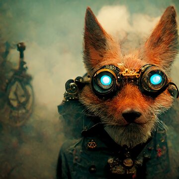Portrait of a Steampunk Commander Fox Character. Soldier, War, Smoke, Gritty, Goggles, Shallow Depth of Field. [3D Digital Art, Illustration, Animal Character Portrait, Sci-Fi, Fantasy, Background]