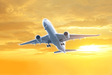 passenger plane flying and travel to the specified destination Flying during the sunset transportation concept
