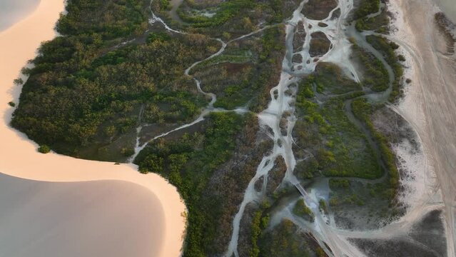 Creeping sand dunes engulfing coastal vegetation - aerial view, Jericoacoara