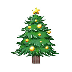 Illustration of a green Christmas tree with yellow balls. Christmas print with a bright Christmas tree for a card.