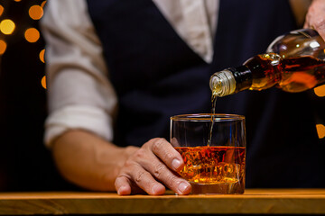 Bartender Serve Whiskey, on wood bar, 