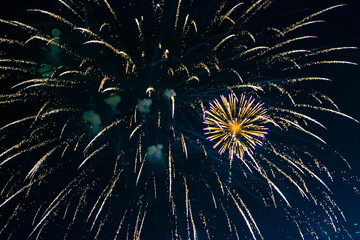 Inexpensive, budget, beautiful fireworks in the city, against the backdrop of the night sky.