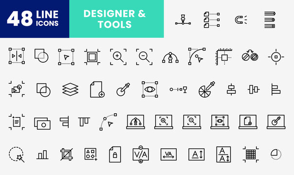 icon line pack about designer tools, pen tool, zoom, laptop, curved, line and more. editable color, outline icon style.