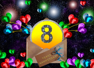 3d illustration, 8 anniversary. golden numbers on a festive background. poster or card for anniversary celebration, party
