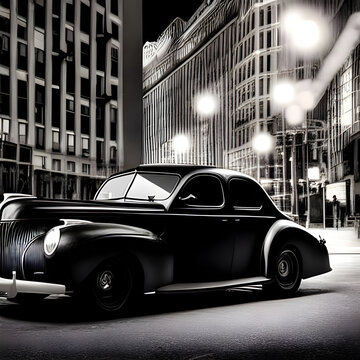 Night Rides #1004 -- An early-1940's black sedan cruising deserted city streets at night, created using artificial intelligence.