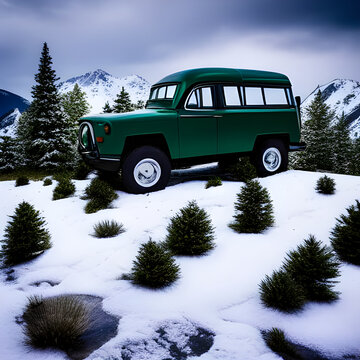 Off Road #1002 -- A mid-1950's green SUV on a snowy Rocky Mountain pass, created with artificial intelligence.